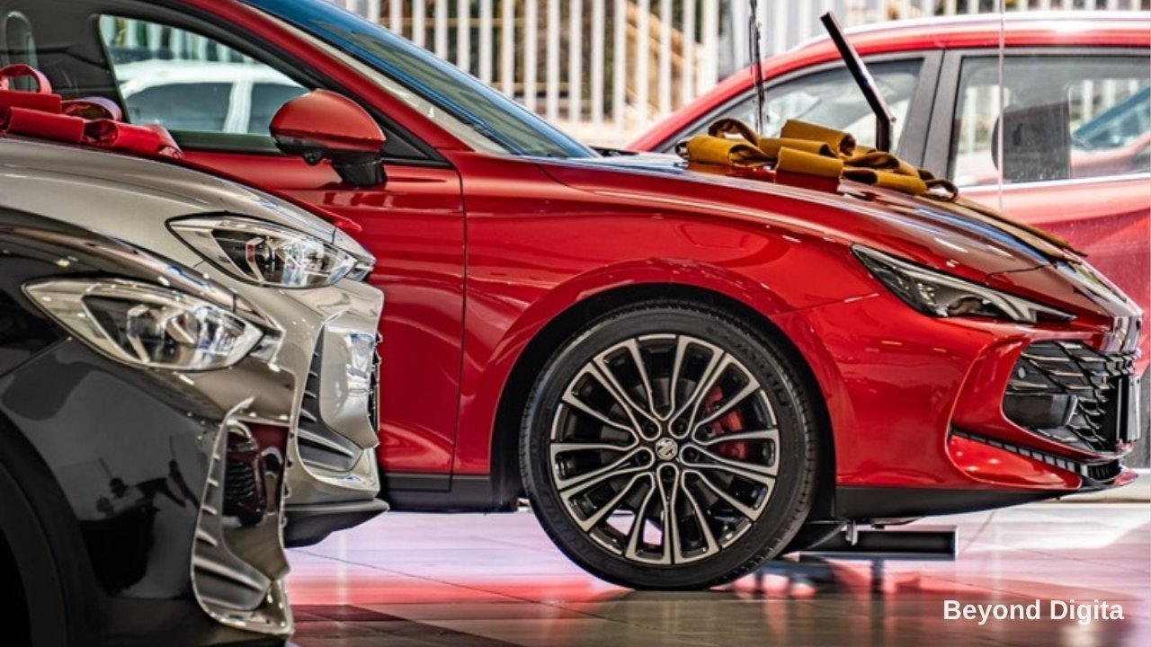 Digital marketing for car dealerships, new cars in a showroom during the festive season, Beyond Digita