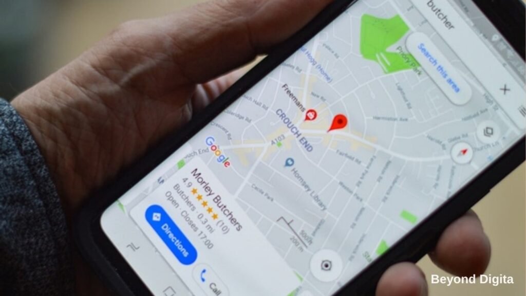 Google Business Profile optimisation, local business listing on Google Maps on a phone, Beyond Digita